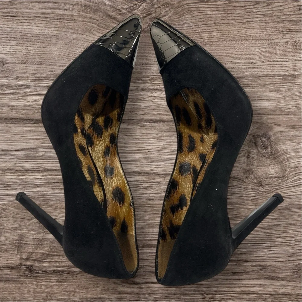 Roberto Cavalli Black Leather Metal Cap Toe Pumps Size 7 Black and Silver - Picture 3 of 9